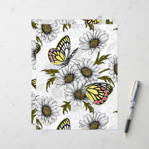 Papillons Jézabel et fleurs marguerites sur blanc