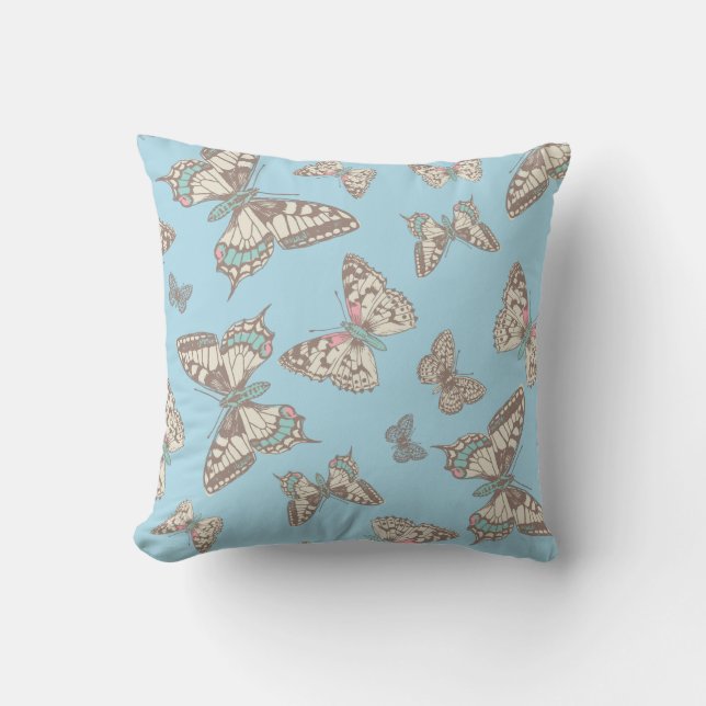 Papillons motif graphique bleu brun coussin (Recto)