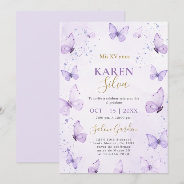 Papillons pourpres Quinceañera Invitation (Devant / Derrière)