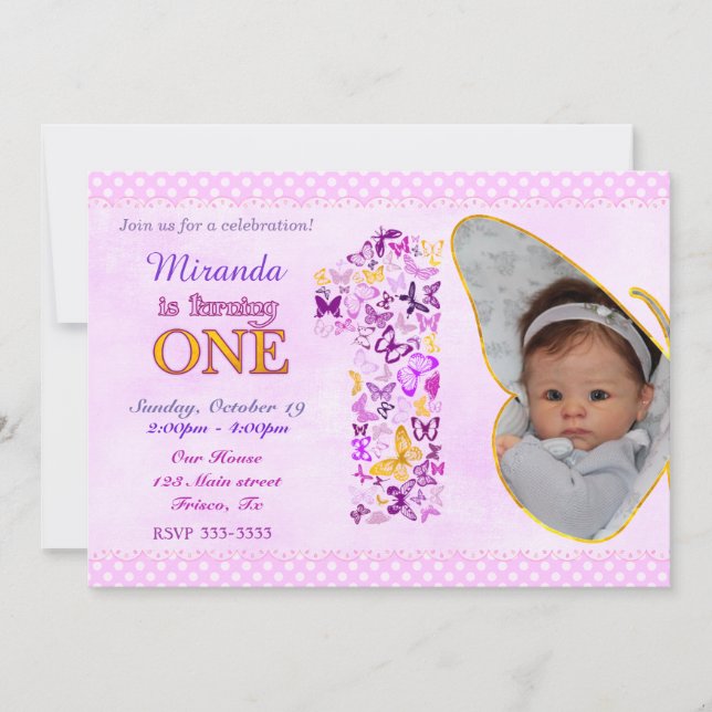 Papillons Première fête d'anniversaire Invitation (Devant)