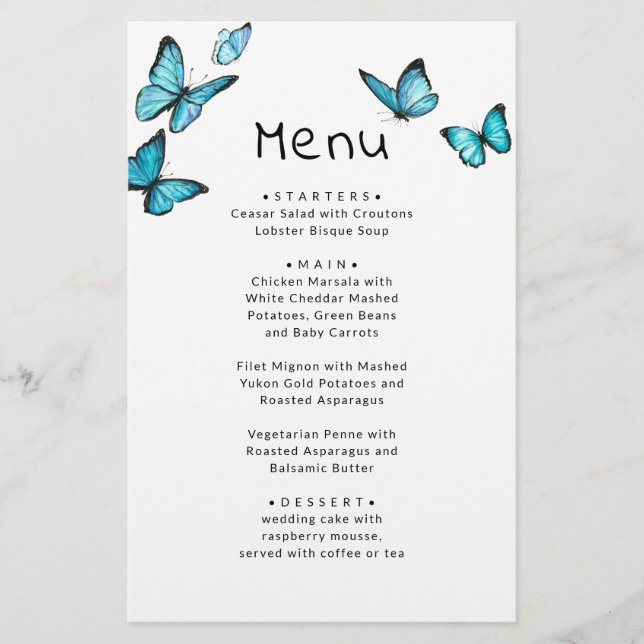 Papillons romantiques bleus. Menu mariage Whimsica (Devant)