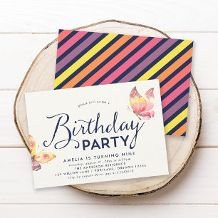 Papillons rose Aquarelle Invitation Anniversaire