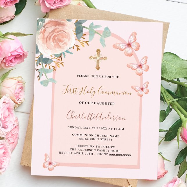 Papillons rose d'or arc floral Première communion (Créateur téléchargé)