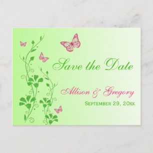 Papillons rose et vert Enregistrer la date Carte p