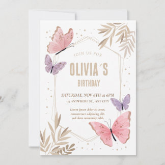 Papillons rose, or Joli Invitation Anniversaire
