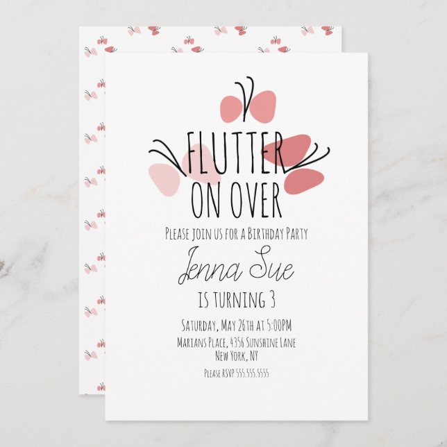 Papillons roses à la main dessinée Invitation d'an (Devant / Derrière)
