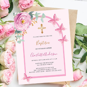 Papillons roses arc fille baptême invitation