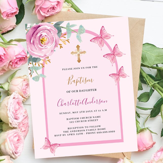 Papillons roses arc fille baptême invitation (Créateur téléchargé)