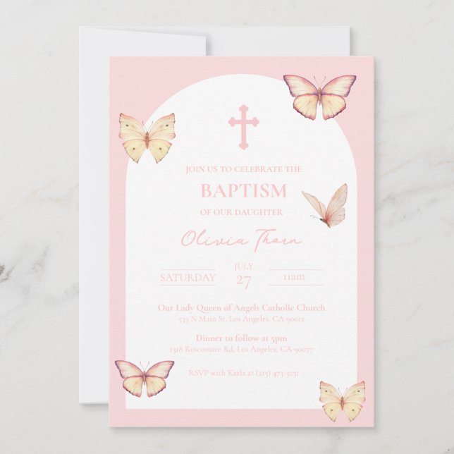 Papillons roses Baby Girl Baptism Invitation (Devant)