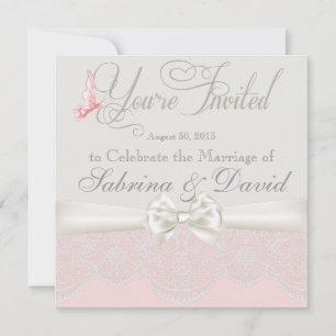 Papillons roses et ivoire et invitation à la dente