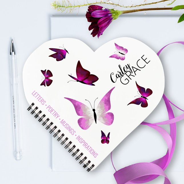 Papillons roses Journal du coeur personnalisé (cute, personalized pink violet butterfly journal, Valentine's day heart-shaped note book for girl)