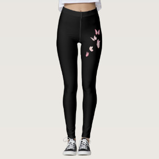 Papillons roses mignons Leggings noirs | Femmes mi