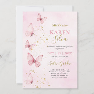 Papillons roses Quinceañera Invitation