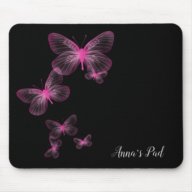 Papillons roses sur tapis de souris noir (Devant)