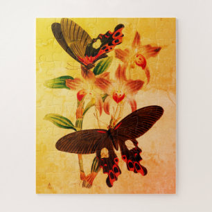 Papillons sépia vintage sur une fleur Puzzle