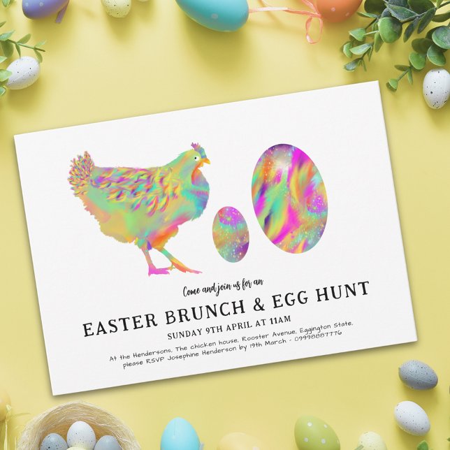 Pâques Brunch et chasse aux oeufs budget de l'aqua (Easter spring brunch egg hunt colorful watercolor cute hen & eggs garden party Budget invitation)