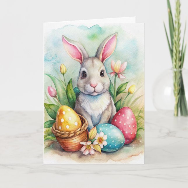 Pâques lapin et oeufs peints Carte de vacances (Devant)