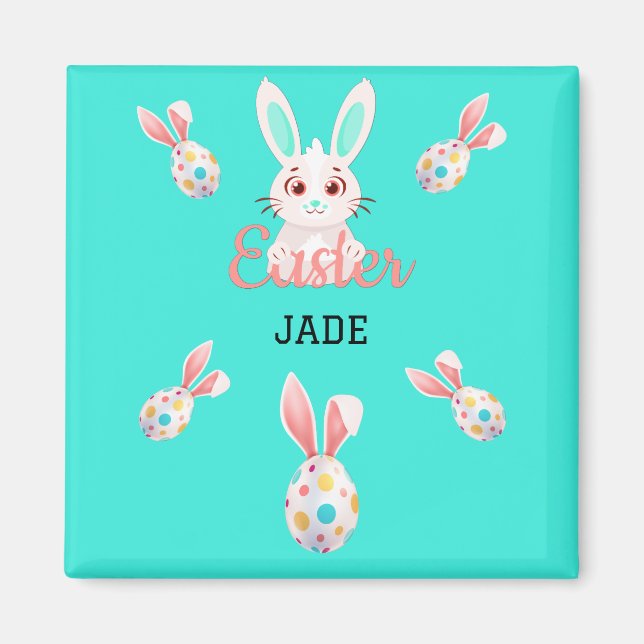 "PÂQUES" MAGNET BUNNY AVEC OEUFS ET NOM SPECKLED. (Devant)