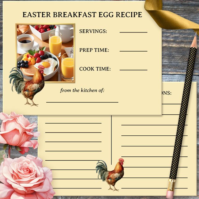 Pâques Petit-déjeuner Rooster Egg Photo Recette Ca (Elegant Easter egg breakfast recipe card featuring your custom photo with a rooster.)
