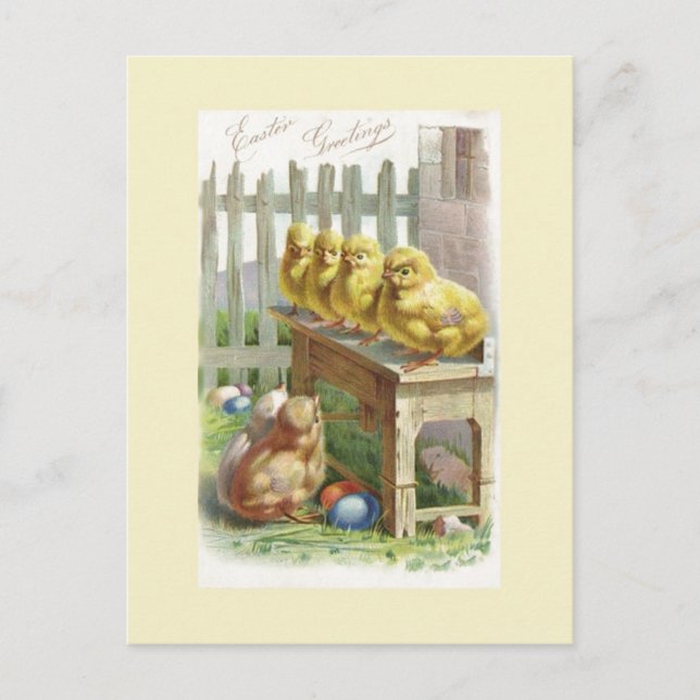 Pâques - Poussins, Oeufs & Banc - Carte Postale An (Devant)
