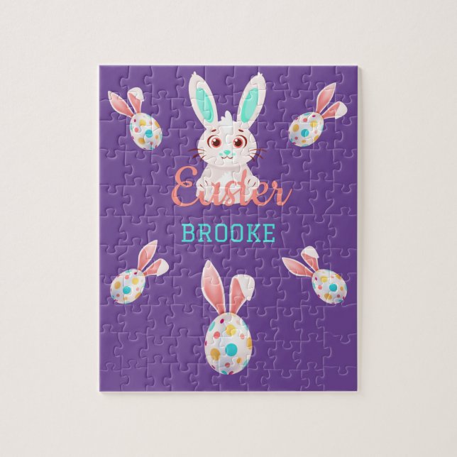 "PÂQUES" PUZZLE BUNNY AVEC OEUFS ET NOM SPECKLED. (Vertical)