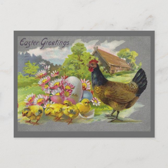 Pâques Vintage Hen, Poussins & Fleurs Roses Carte  (Devant)