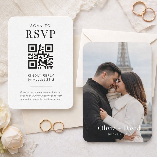Paquet de 100 cartes de site web de mariage avec Q (Elegant RSVP QR code card with matching couple photo wedding insert)