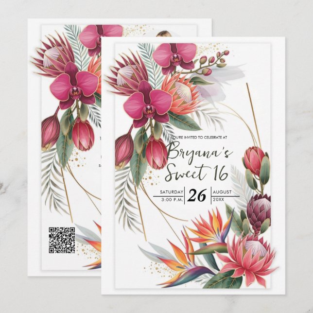 Paradis floral tropical Invitations de mariage or  (Devant / Derrière)