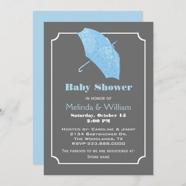 Parapluie bleu Baby shower élégant Invitation (Devant / Derrière)