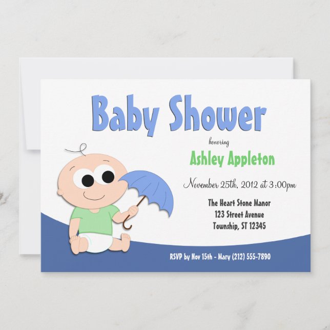 Parapluie Bleu & Vert Bébé - Invitations de douche (Devant)