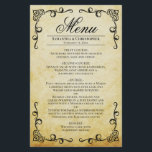 Parchemin vintage et défilement Mariage budgétaire<br><div class="desc">Ces menus mariages sont élégants et de bon goût, tout en étant abordables. Le design présente des rouleaux de filigree noir ornés dans les coins sur un arrière - plan vintage faux parchemin. Le titre comporte des lettres de script sophistiquées, et il y a de la place pour les noms...</div>
