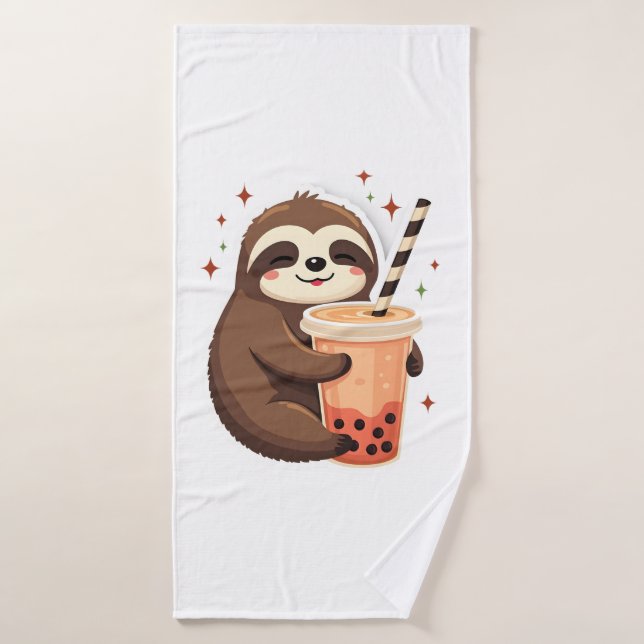 Paresseux Vintage Boba Mignon Rétro Amateur de Thé (Serviette de bain)