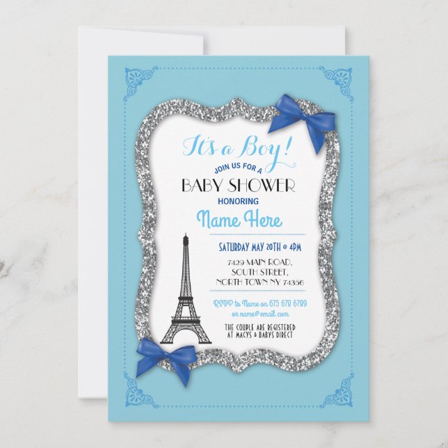 Paris Baby shower Boy Blue Eiffel Tour Invitation (Devant)