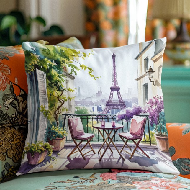 Paris Balcon Vue Tour Eiffel Coussin aquarelle (Créateur téléchargé)