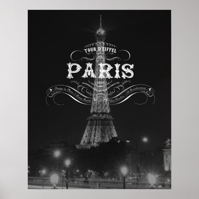 Paris Black and White Travel Poster Eiffel Tower (Devant)