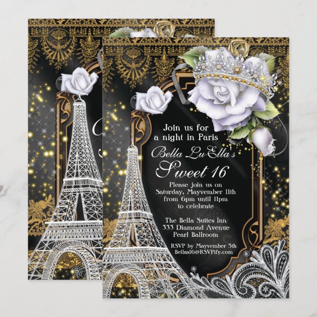 Paris Bling et Diamonds Invitation de fête d'anniv (Devant / Derrière)