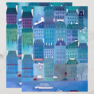 Paris Blues Cityscape Painting Scrapbook Papier