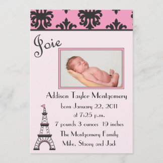 Paris Chic Faire-part de naissance noir et rose