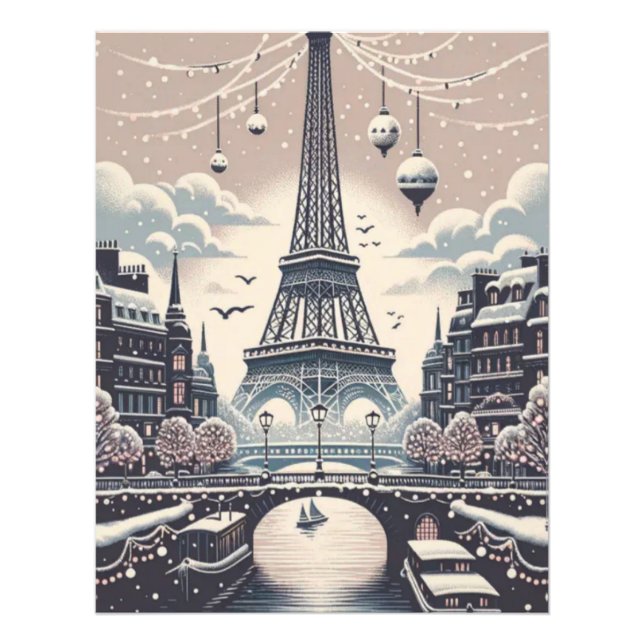 Paris Christmas Poster – Eiffel Tower Snowy Winter (Devant)