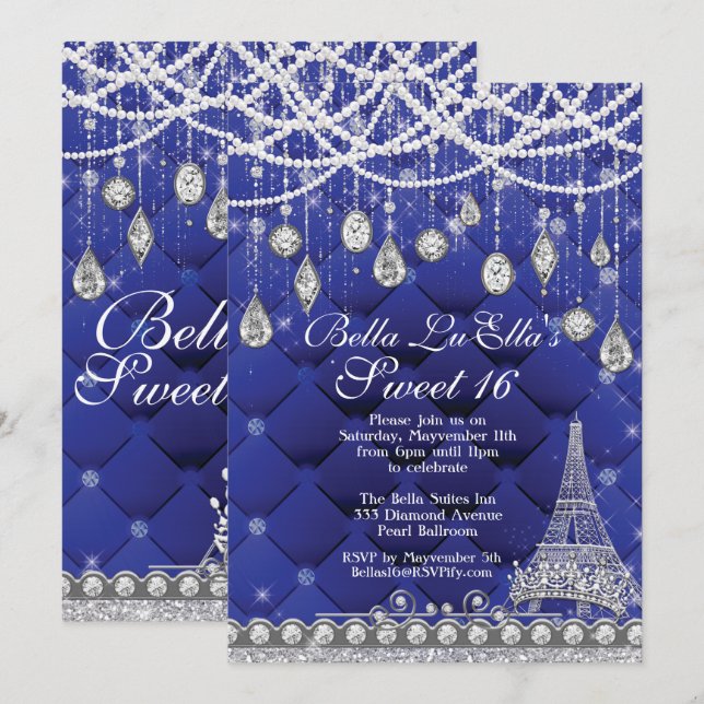 Paris Diamant et Perles Invitation de fête d'anniv (Devant / Derrière)