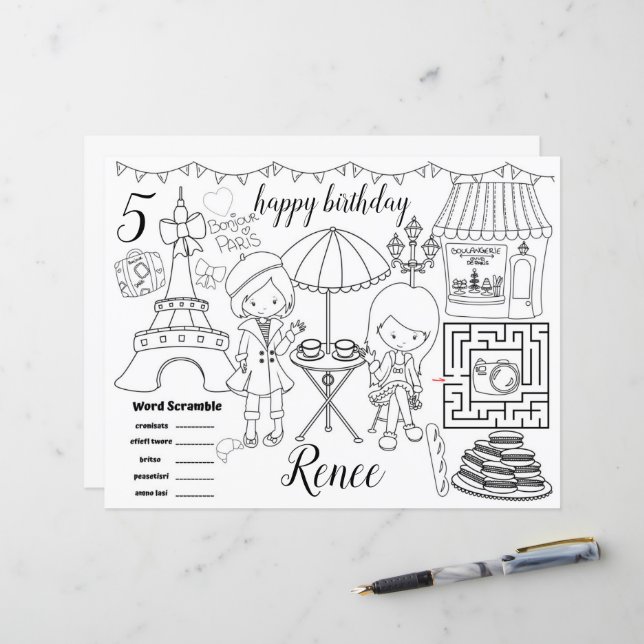 Paris Eiffel activity color sheet placemats (Devant/Arrière en situation)