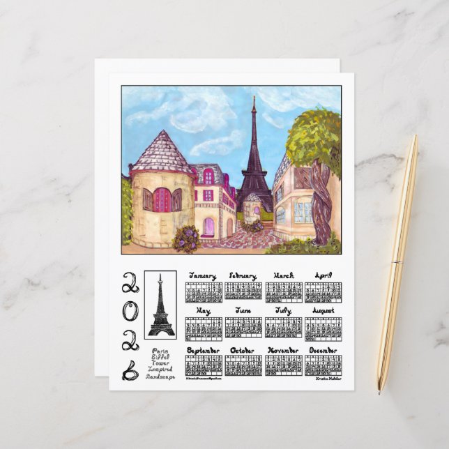 Paris Eiffel Tower Landscape 2026 Calendar Paper (Devant/Arrière en situation)