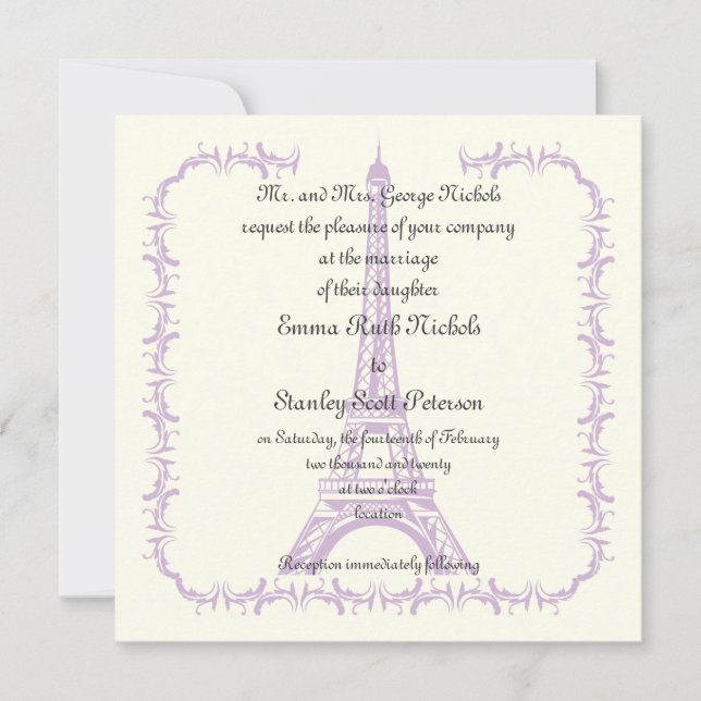 Paris mariage violet Tour Eiffel invitation en ivo (Devant)