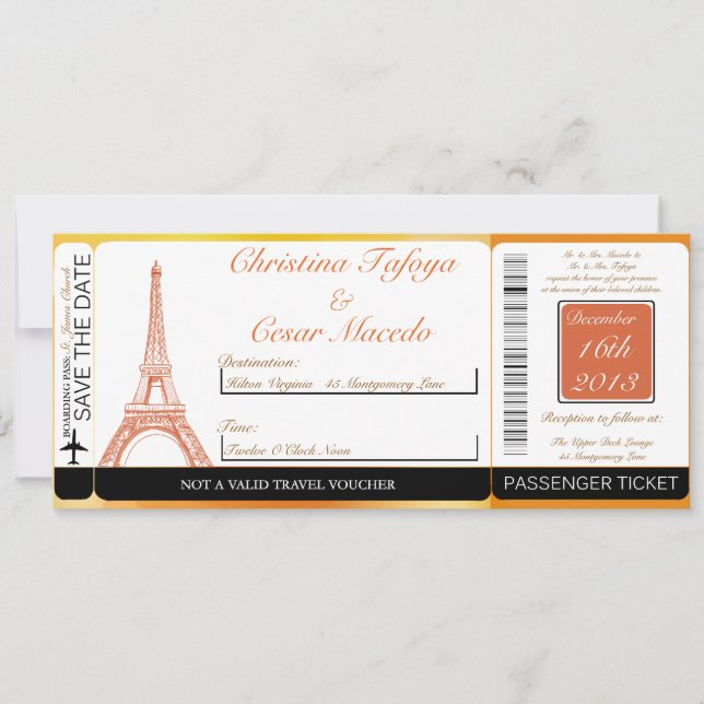 Paris Peach Boarding Pass Faire-part de mariage (Devant)