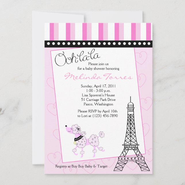 Paris Poodle 5x7 Baby shower rose Invitation (Devant)