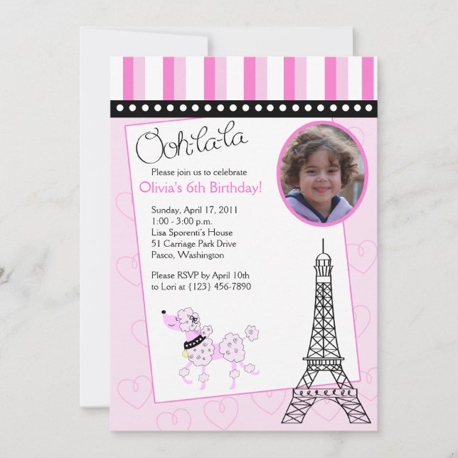 Paris Poodle 5x7 rose Invitation d'anniversaire (Devant)