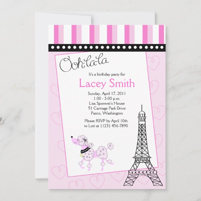 Paris Poodle 5x7 rose Invitation d'anniversaire (Devant)