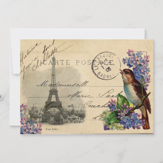 Paris Postcard Bird sur invitation Lilacs (Devant)