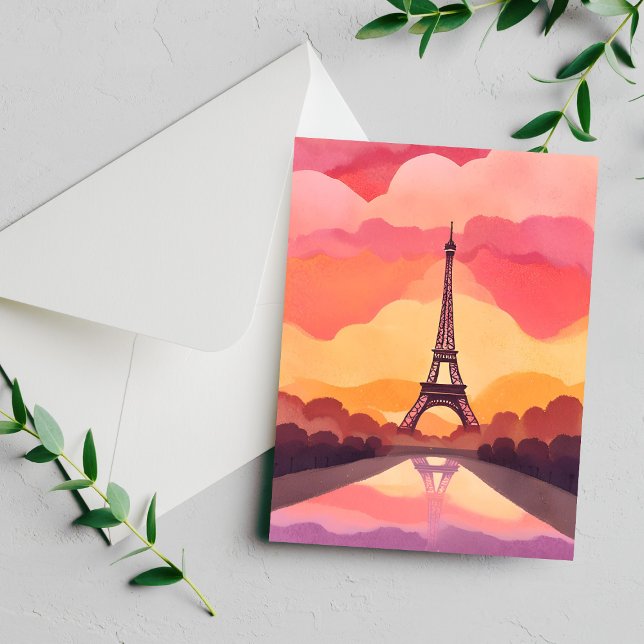 Paris Sunset | Eiffel Tower France Watercolor Card (Créateur téléchargé)