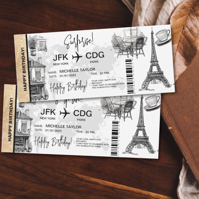 Paris Surprise Carte d'Anniversaire (paris themed doodles surprise boarding pass ticket)
